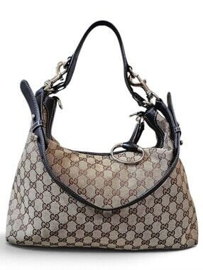 Gucci GG Beige and Brown Monogram Shoulder Bag with Black Trim